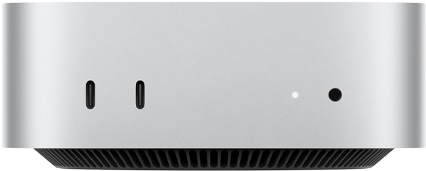 Mac mini mostrato di fronte, due porte Thunderbolt, indicatore di stato e jack cuffie, base affusolata nera, pannello superiore piatto, lati arrotondati, bordi dritti, color argento