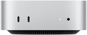 Mac mini mostrato di fronte, due porte Thunderbolt, indicatore di stato e jack cuffie, base affusolata nera, pannello superiore piatto, lati arrotondati, bordi dritti, color argento