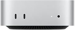 Mac mini, mostrato di fronte, guscio color argento, due porte USB-C, tasto di accensione, indicatore di stato, griglia di ventilazione nella parte inferiore