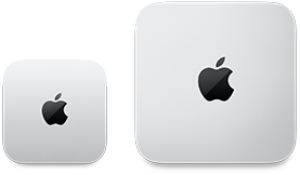 Due Mac mini visti dall’alto, alluminio color argento, angoli arrotondati, logo Apple nero lucido al centro, il modello a sinistra è la versione più recente ed è grande meno della metà di quello a destra