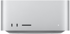Mac Studio mostrato di fronte, due porte USB-C, slot SDXC card, indicatore di stato, base affusolata, pannello superiore piatto, lati arrotondati, bordi dritti, color argento; Mac Studio mostrato da dietro, griglia di ventilazione in alluminio perforato, quattro porte Thunderbolt 5, porta Ethernet, porta di alimentazione, due porte USB-A, porta HDMI, jack cuffie e tasto di accensione