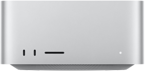 Mac Studio, pannello anteriore, due porte USB-C, slot SDXC card, indicatore di stato, base affusolata, pannello superiore piatto, lati arrotondati, bordi dritti, color argento